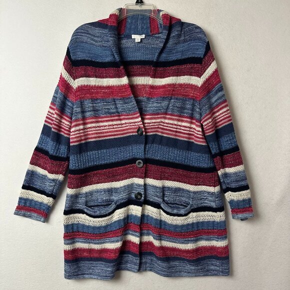 J Jill Sweater Womens Large petite Blue Striped Pockets Linen‎ Blend Cardigan - Picture 1 of 5
